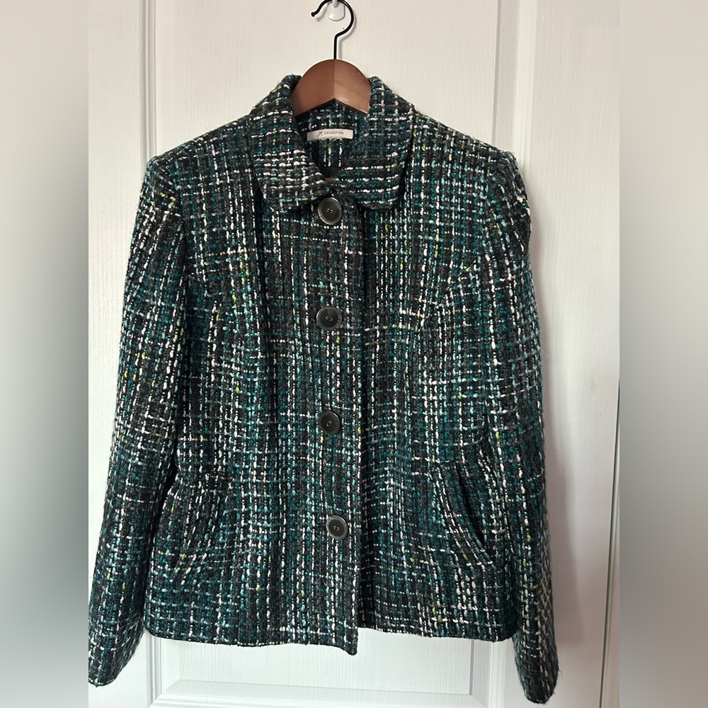 J & M Collection Women's Tweed Jacket - Green, Blue, Black Sz 16